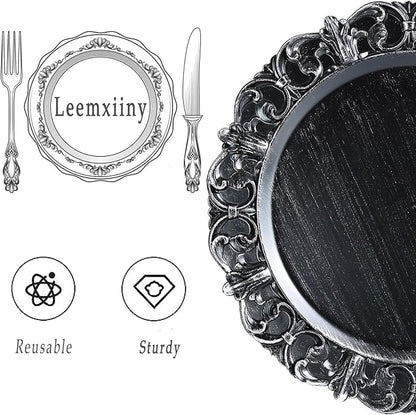 Black Charger Plates Set of 6, Decorative Table Plastic Chargers for Dinner Plates, Party, Wedding, Thanksgiving, Christmas, 11B