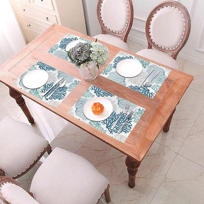 Placemats Set of 4 Nautical Blue Coral Place Mats Coastal Teal Beige Coral Woven Table Mats Washable Ocean Theme PVC Placemat for Dining Kitchen Decor Indoor Outdoor, 12 x 18 Inch