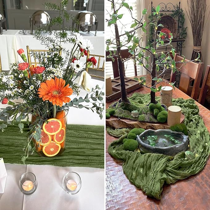 Moss Green Cheesecloth Table Runner 35x120 Inch 10FT Long Rustic Boho Olive - Image 9