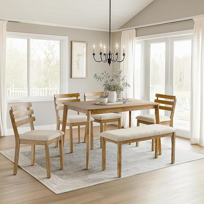 6 Piece Dining Table Set with Bench, Wooden Rectangular Kitchen Table and 4 Upholstered Chairs, Farmhouse Dining Room Furniture for Family Meals, Light Oak Finish