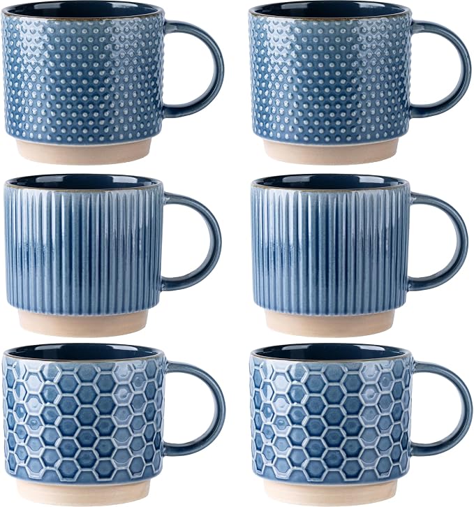 GBhome 12 OZ Stackable Coffee Mugs Set of 6, Ceramic Coffee Cups Set | 3 by GBhome