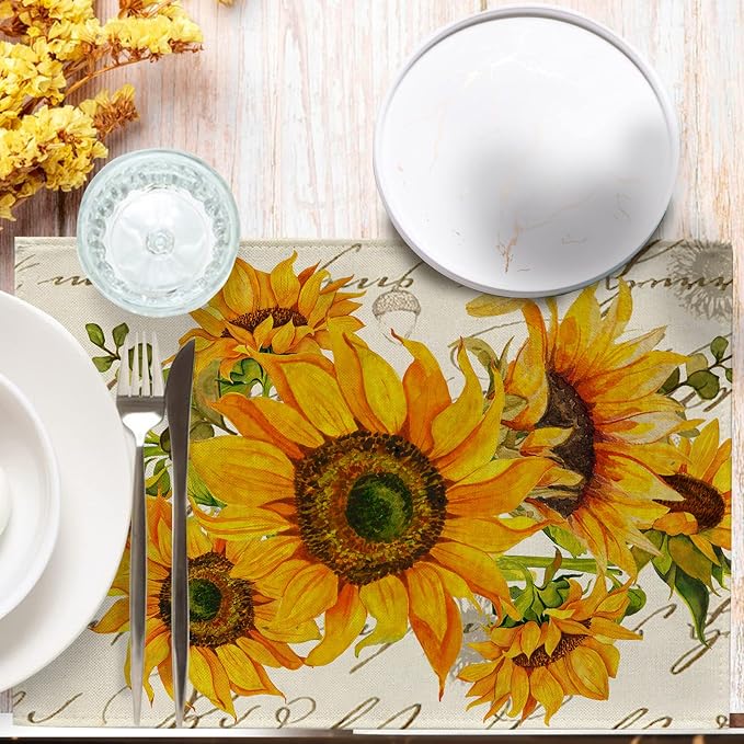 Seliem Fall Sunflower Placemats Set of 4, Spring Summer Yellow Floral | Flowers - Image 4