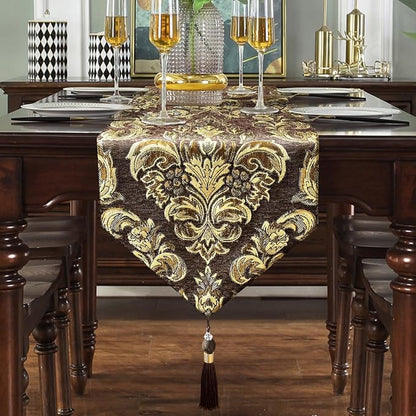 Dark Brown Coffee Table Runner Chenille Retro Golden Flowers 98 inches Long | - Image 7