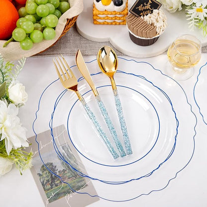 Liacere 150PCS Clear and Blue Plastic Plates-Clear and Blue Disposable Plates with Glitter Bamboo Handle Cutlery-60 Baroque Elegant Plates, 30 Forks, 30 Spoons, 30 Knives for Wedding＆Christmas