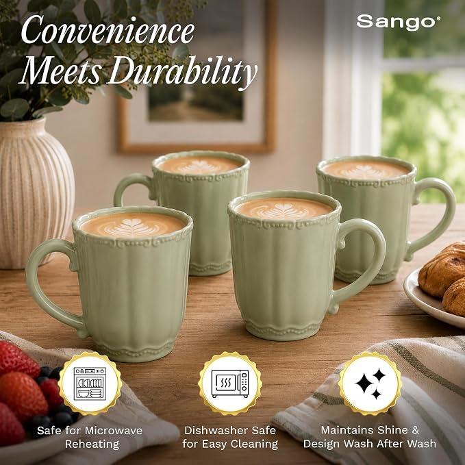 SANGO Bethany Sage Mugs Set of 4, 15 oz Stoneware Green Coffee Mugs, Vibrant - Image 5