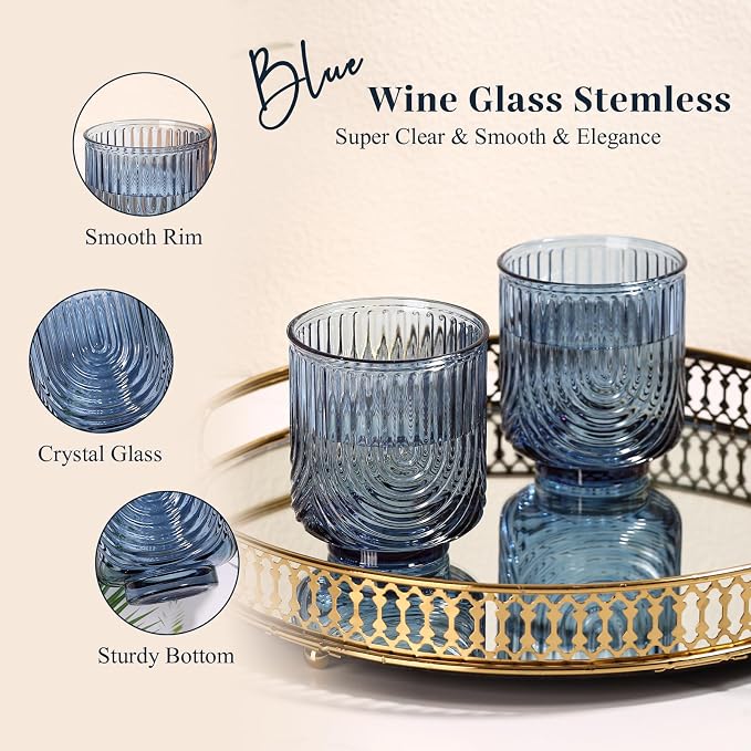 Blue Vintage Drinking Glasses Set of 6-15oz Hand-Blown Highball Ribbed Glassware - Image 4