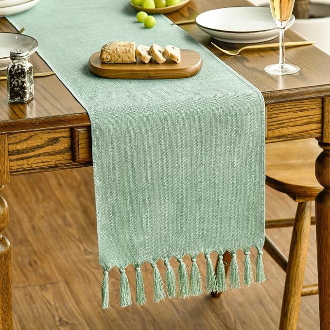 Artoid Mode Sage Green Tassel Table Runner, Spring Linen Blend Rustic Farmhouse by ArtoidMode