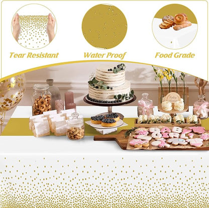 QZYL 12Pack Table Cloth Rectangle Tables, 54" x 108" Disposable Party White Table Cloths with Gold Dot, Waterproof Table Covers for Birthday Outdoor Wedding New Year Eve Birthday Decorations Supplies