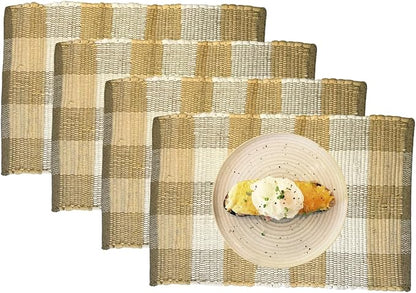 Perilla Home Cotton Placemat Set of 4 Table Mats for Kitchen Dining Home Decor Vintage Boho Rectangle Placemats (Beige and White 13"x19")