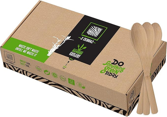 2ZEBRAZ Bamboo Cutlery Set – 300 Disposable Spoons | Reusable Smooth Flatware, Heavy-Duty Natural Utensils for Parties, Catering and Everyday Use