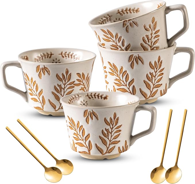Coffee Mugs Set of 4 with Gold Spoon, 11 oz Ancient Style Hand-painted Ceramic by Noevany