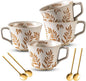 Coffee Mugs Set of 4 with Gold Spoon, 11 oz Ancient Style Hand-painted Ceramic by Noevany