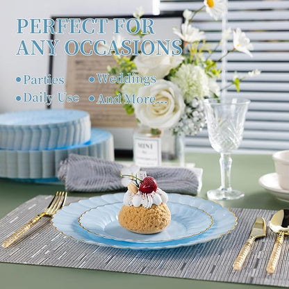 Lullaby 60PCS Light Blue Scalloped Plastic Plates - Image 5