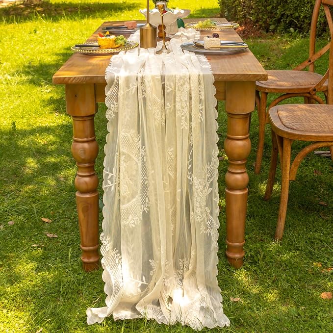 vctops Beige Lace Table Runner 120 inch 10FT Floral Embroidered Boho Farmhouse by vctops