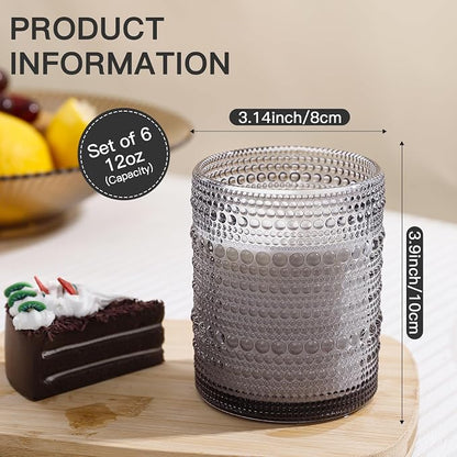 JOVGANK Grey Vintage Hobnail Drinking Glasses Set of 6, Embossed Water Tumbler - Image 2