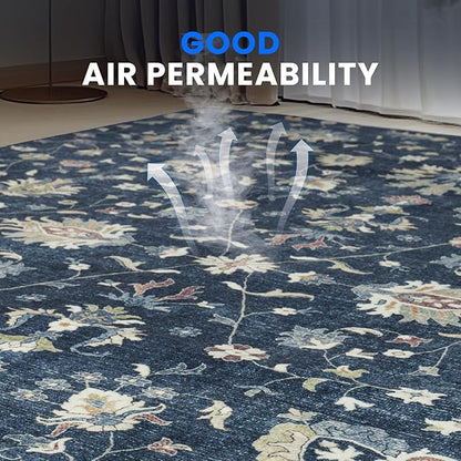 Washable Rugs 8x10 Area Rugs for Living Room,Bedroom,Dining Room- Soft Low Pile Stain-Resistant Carpet with Non-Slip Rubber Backing,Vintage Large Area Rug for Nursery Home Office Decor
