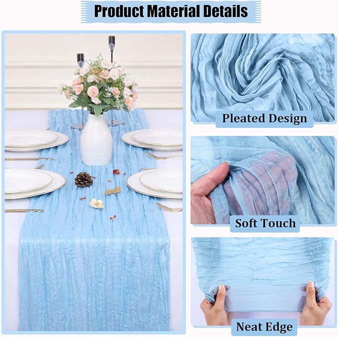 Light Blue Cheesecloth Table Runner 13.3FT Long Bridal Birthday Party - Image 3