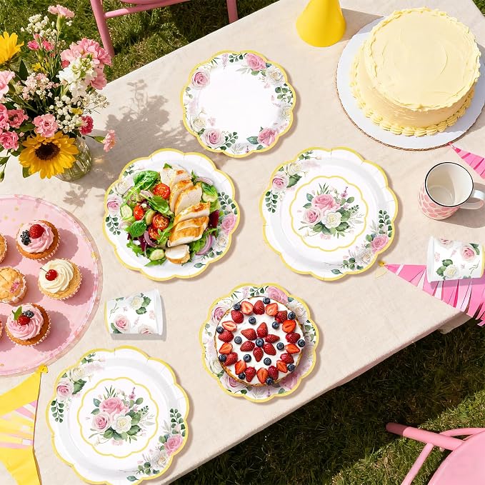 250 Pcs Floral Tea Themed Party Decorations, Serves 50 | Pink Floral Scalloped - Image 6