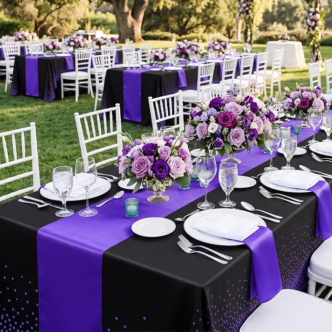 8 Pack Black and Purple Disposable Plastic Tablecloths and Satin Table Runner - Image 5
