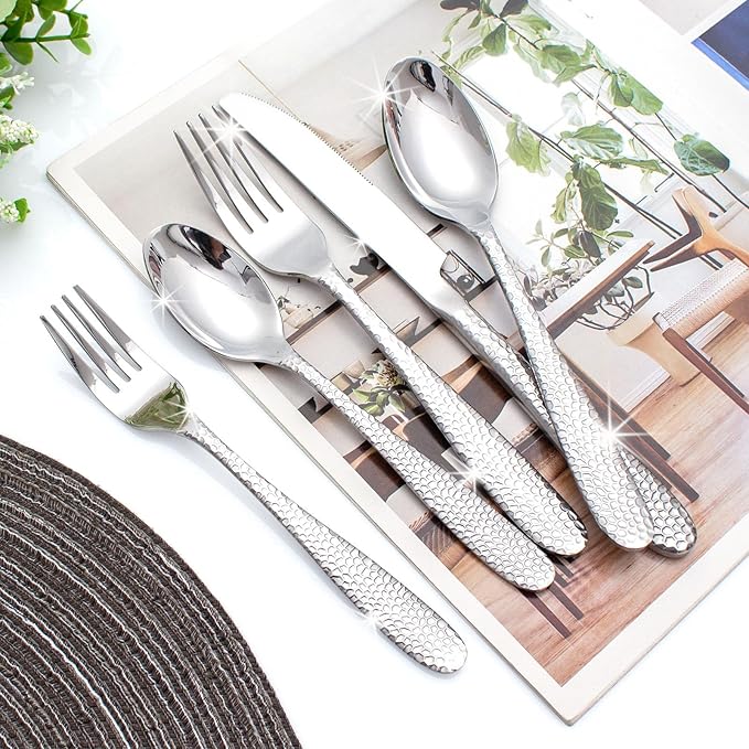 Hammered Silverware Set, CITESANA 40-Piece Heavy Duty Mirror Polished Stainless Steel Flatware Set Cutlery Set Flatware Service for 8