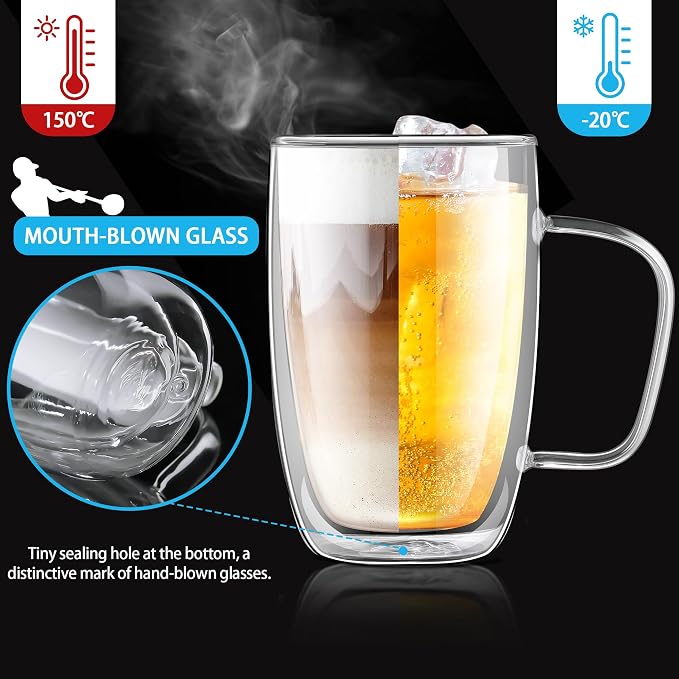Joeyan Large Clear Double Walled Glass Coffee Mugs 16 oz, Double Layer Tea - Image 3
