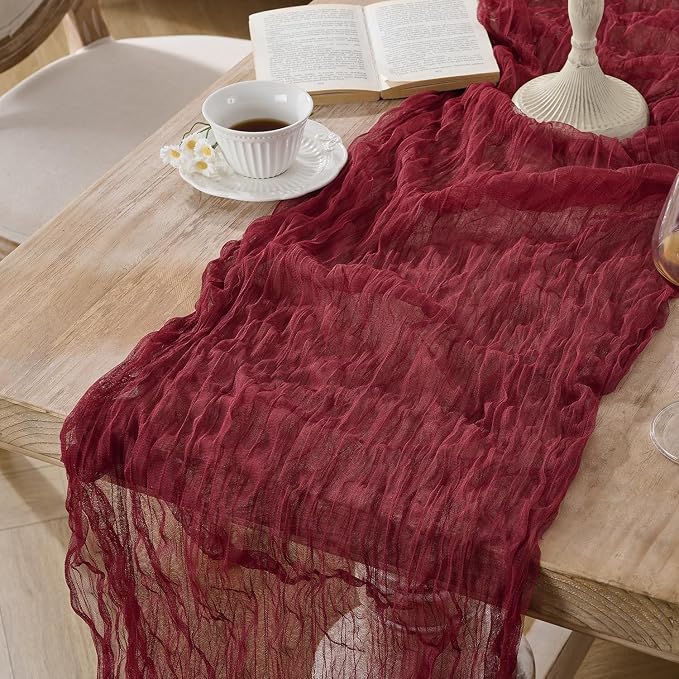 3 Pack Burgundy Red Cheesecloth Table Runners, 120 Inch 10Ft Wine Red Gauze - Image 3