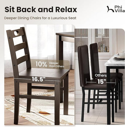 PHI VILLA Dining Table Set for 4, Solid Wood Farmhouse Kitchen Table Chairs Set of 4, 5 Piece Space-Saving Dining Room Table Set for Apartment, Dark Oak
