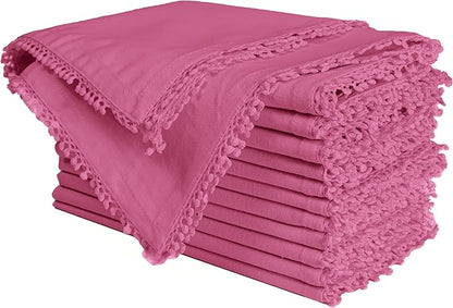 Bedding Craft Cotton Cloth Dinner Napkins Set of 12 – 18x18 Wild Orchid Pink with Decorative Lace Selvedge – Elegant Machine Washable Fabric Napkins for Weddings, Parties, Baby Showers & Table Décor