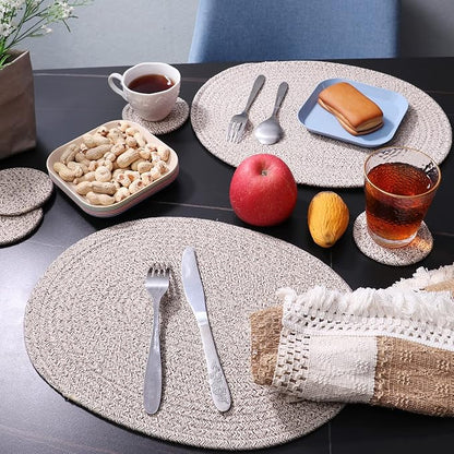 Braided Placemats Set of 6, Cotton Fabric Oval Table Mats Non Slip Washable 16 * 12 inch Oval Place Mats, 6 Pack Mix Brown Rope Woven Placemats