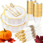 YOUBET 350 PCS White and Gold Plastic Plates - Disposable Plates for 50 Guests Tableware Includes 150 Gold Plastic Silverware, 50 Cups, 50 Napkins, for Wedding Party & Thanksgiving