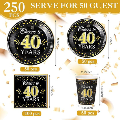 Pickmesh 250 Pcs 40th Birthday Disposable Tableware Set Black and Gold Cheers to 40 Years Disposable Paper Plates Napkins and Cups for 40th Birthday Wedding Anniversary Party Supplies Decorations