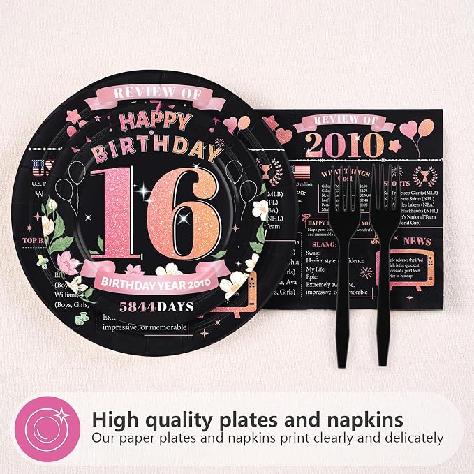 96Pcs 16th Birthday Party Decorations, Serves 24 | Rose Gold Plates and Napkins - Image 3