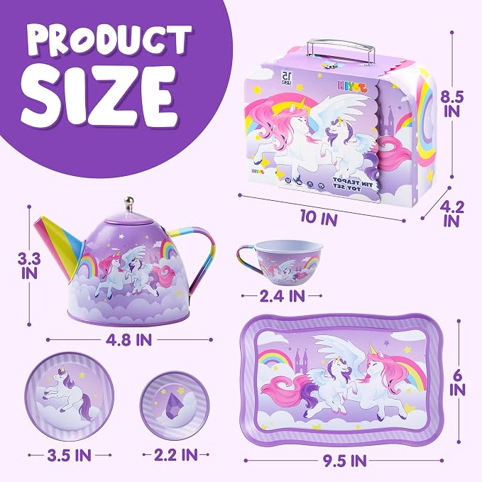 JOYIN Unicorn Tea Party Set for Little Girls, Pretend Purple Tin Teapot Set - Image 7