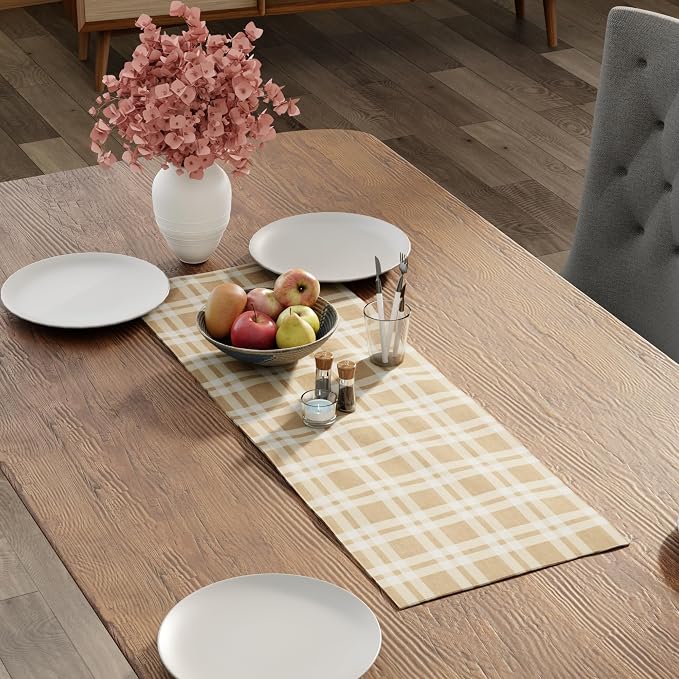 Encasa XO Table Runner, Woven Cotton Dining Runner 13"x36" Franca Beige Checks - Image 3