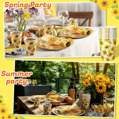Pickmesh 250 Pcs Sunflower Birthday Disposable Tableware Set Floral Themed Disposable Paper Plates Napkins and Cups for Birthday Wedding Bridal Shower Baby Shower Tea Party Supplies