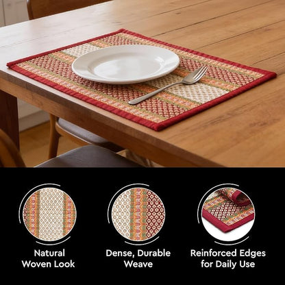 Encasa XO Woven Red Placemats Set of 4 – 12" x 17" | Handwoven Madurkathi Grass Table mats for Dining Table, Kitchen & Outdoor Decor | Durable & Heat‑Resistant