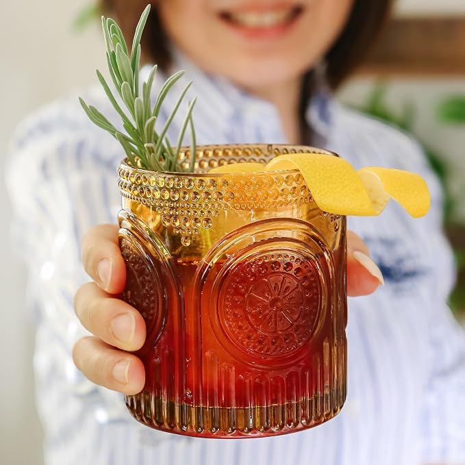 Vintage Amber Drinking Glasses Set of 6 by Kate Aspen - 10 oz Ribbed Glassware - Image 3