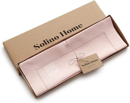 Solino Home Linen Cloth Placemats Set of 6-100% Pure Linen Hemstitch Pink Placemats 14 x 19 Inch - Classic Hemstitch Table Place Mats for Valentines, Spring, Easter