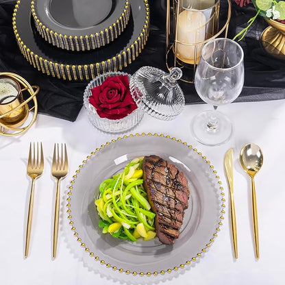 EI 60pcs Clear Black and Gold Plastic Plates Disposable Plates Heavy Duty,10.25" Dinner & 7.5" Dessert Clear Black Plate Perfect Wedding,Party,Birthday,Anniversary,Business Events