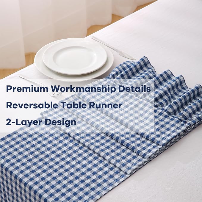 Navy Blue White Plaid Gingham Ruffle Table Runner 72 inches Long 100% Washed - Image 5
