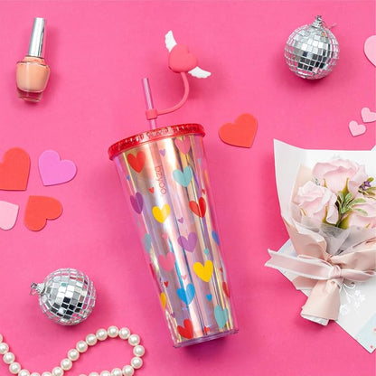 bzyoo 24 oz SIP Tumbler with Heart-Shaped w/Wing Straw Cap Cover – Cute Heart - Image 2