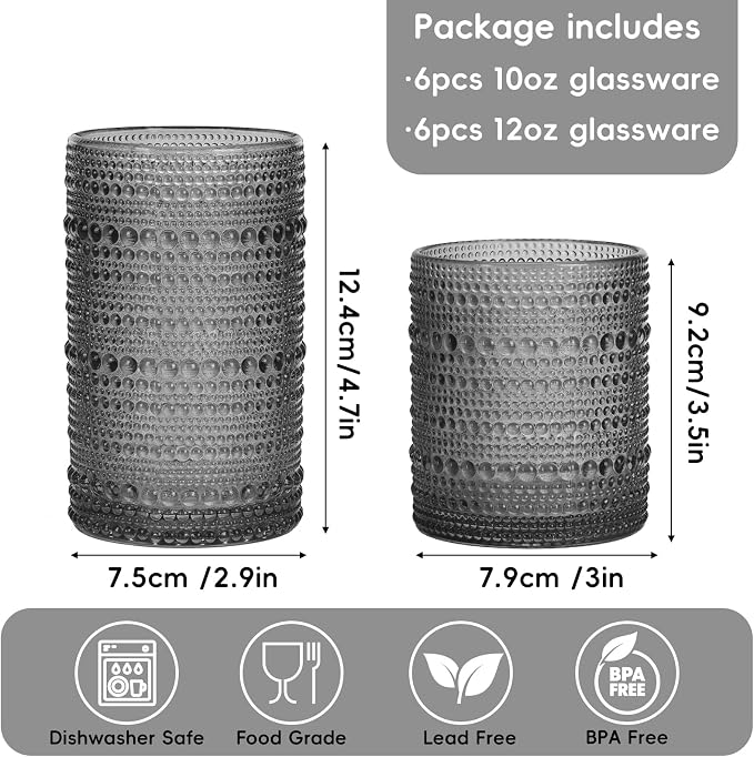 Moretoes 12 Pack Hobnail Drinking Glasses Gray Water Glass Cups Set | Mixed - Image 3