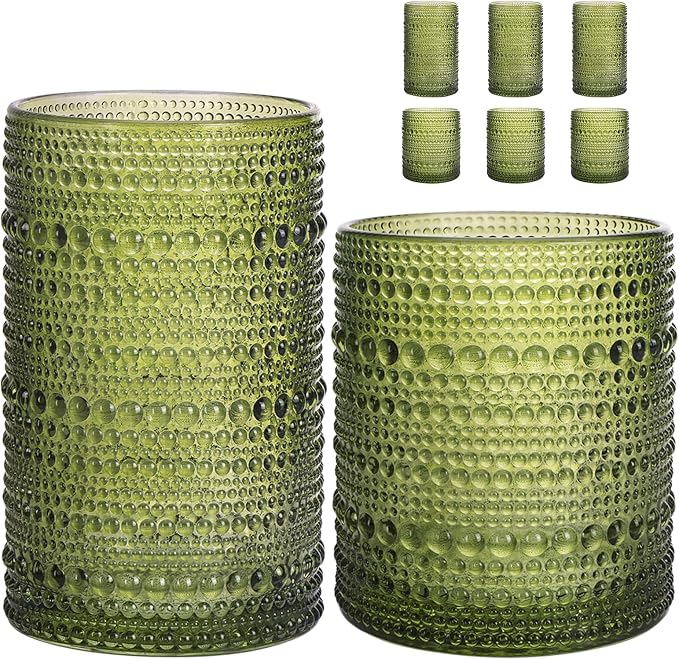 Moretoes Green Hobnail Drinking Glasses Set of 6, Glass Cups | 12 Oz Highball by Moretoes