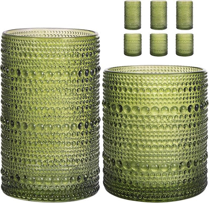 Moretoes Green Hobnail Drinking Glasses Set of 6, Glass Cups | 12 Oz Highball by Moretoes
