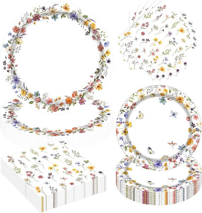 60Pcs Wildflower Paper Plates and Napkins Party Supply, Serves 20 | Floral Baby by BORAENDEY