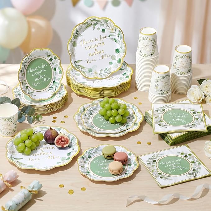 Funnymoom 250 Pcs Cheers to Love Sage Green Gold Eucalyptus Party Plates | - Image 6