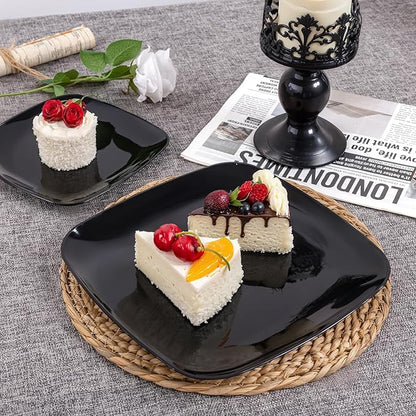PULOTE 100 PCS Black Square Plastic Plates Disposable - Include 50 Each (10" Dinner & 7.25" Dessert) Plates - Ideal for Party & Halloween