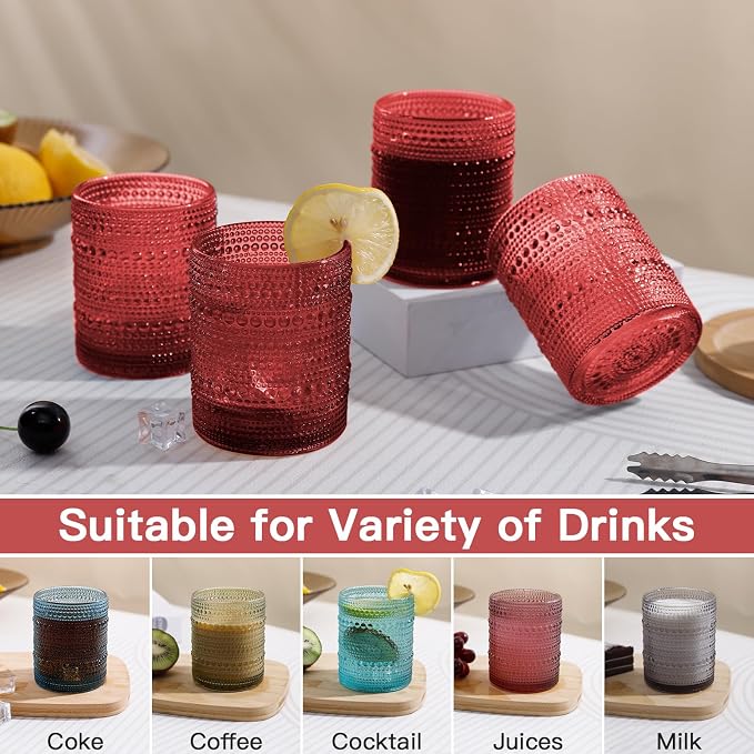 JOVGANK Red Vintage Hobnail Drinking Glasses Set of 6, Embossed Water Tumbler - Image 5