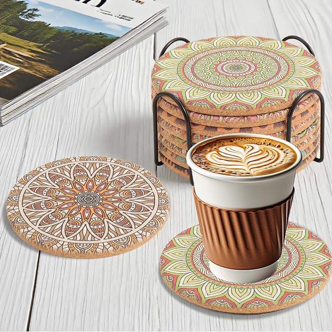 Cork Coasters Set of 8 with Holder, Colorful Drink Coasters - Image 7