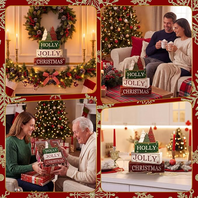 Moucuny 4 Pcs Christmas Table Decorations Rustic Christmas Tree Stacked Wooden - Image 5